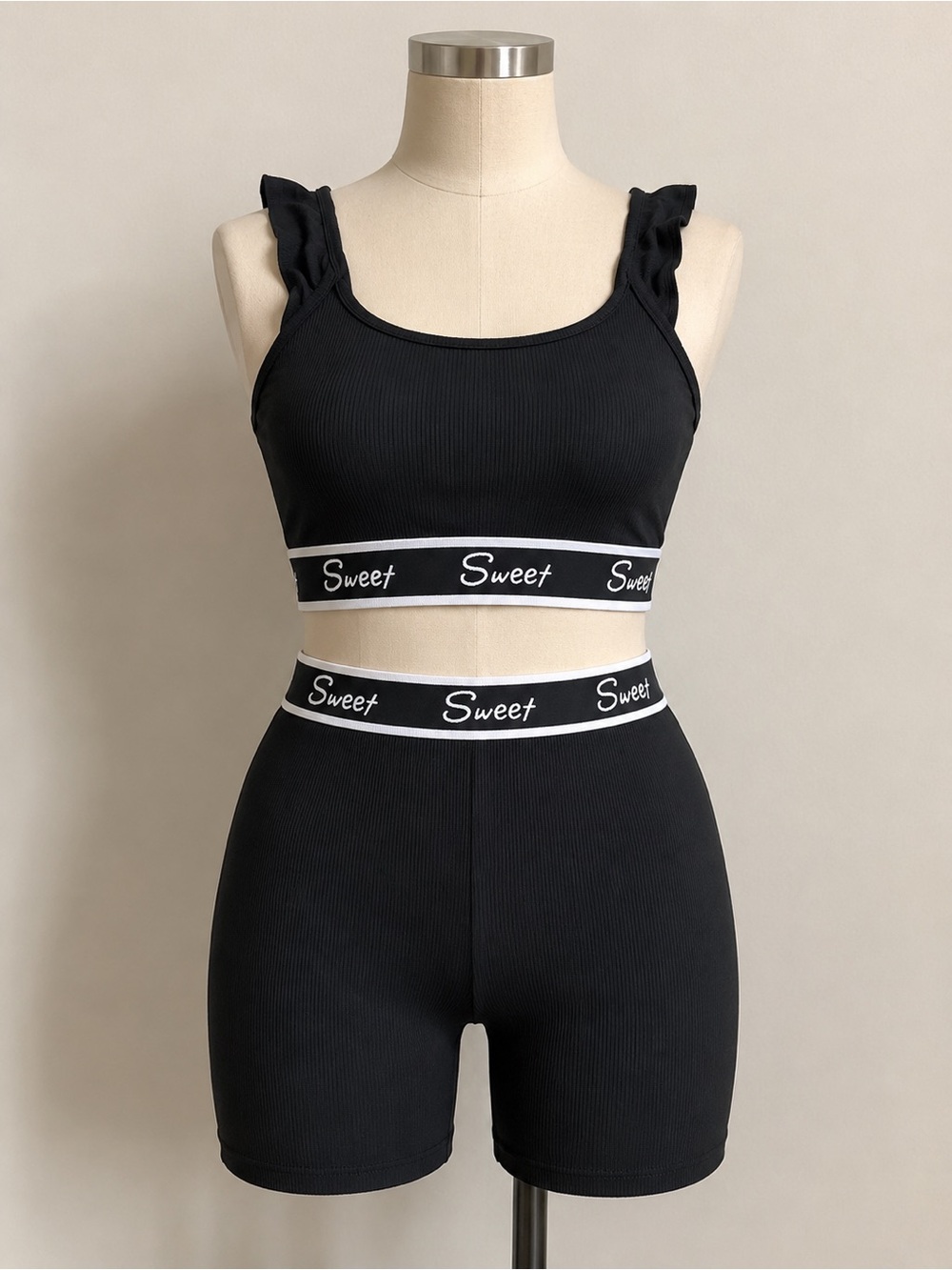 SHEIN Black Ribbed Crop Bralette & High-Waist Athletic Shorts Set